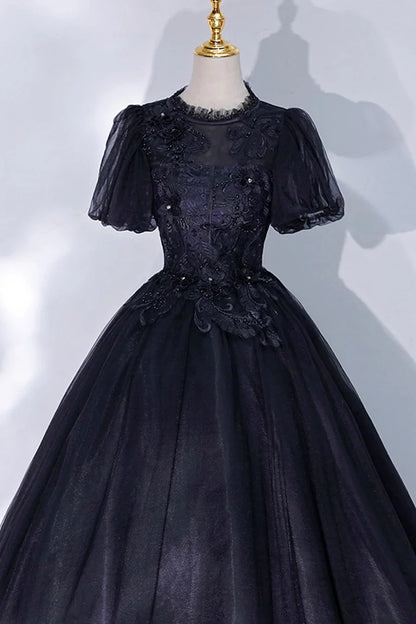 Black Tulle Lace Long A-Line Prom Dress, A-Line Short Sleeve Evening Gown TP498
