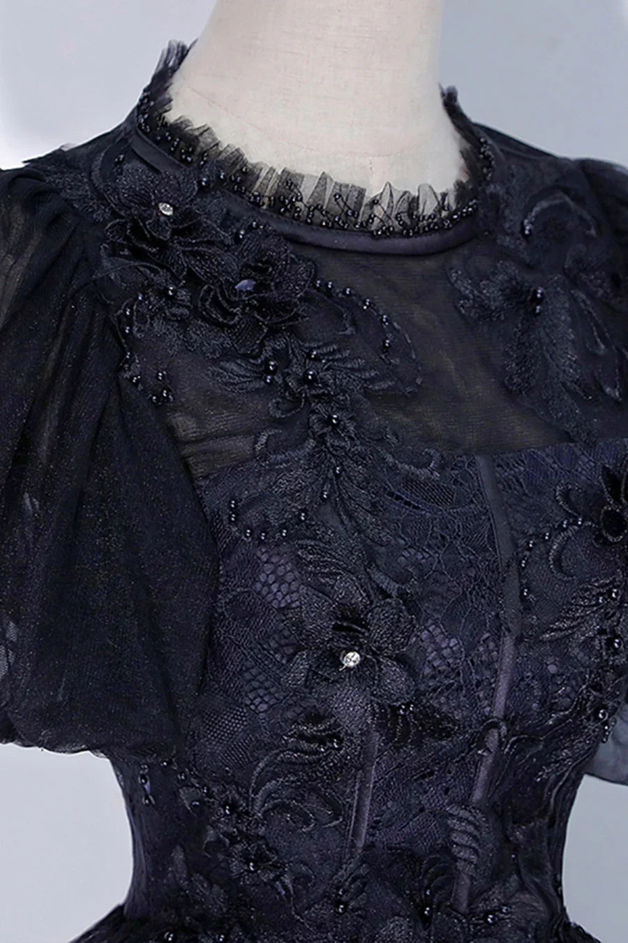 Black Tulle Lace Long A-Line Prom Dress, A-Line Short Sleeve Evening Gown TP498