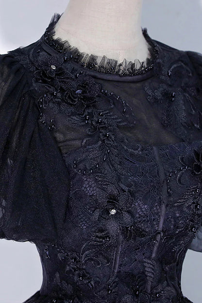 Black Tulle Lace Long A-Line Prom Dress, A-Line Short Sleeve Evening Gown TP498