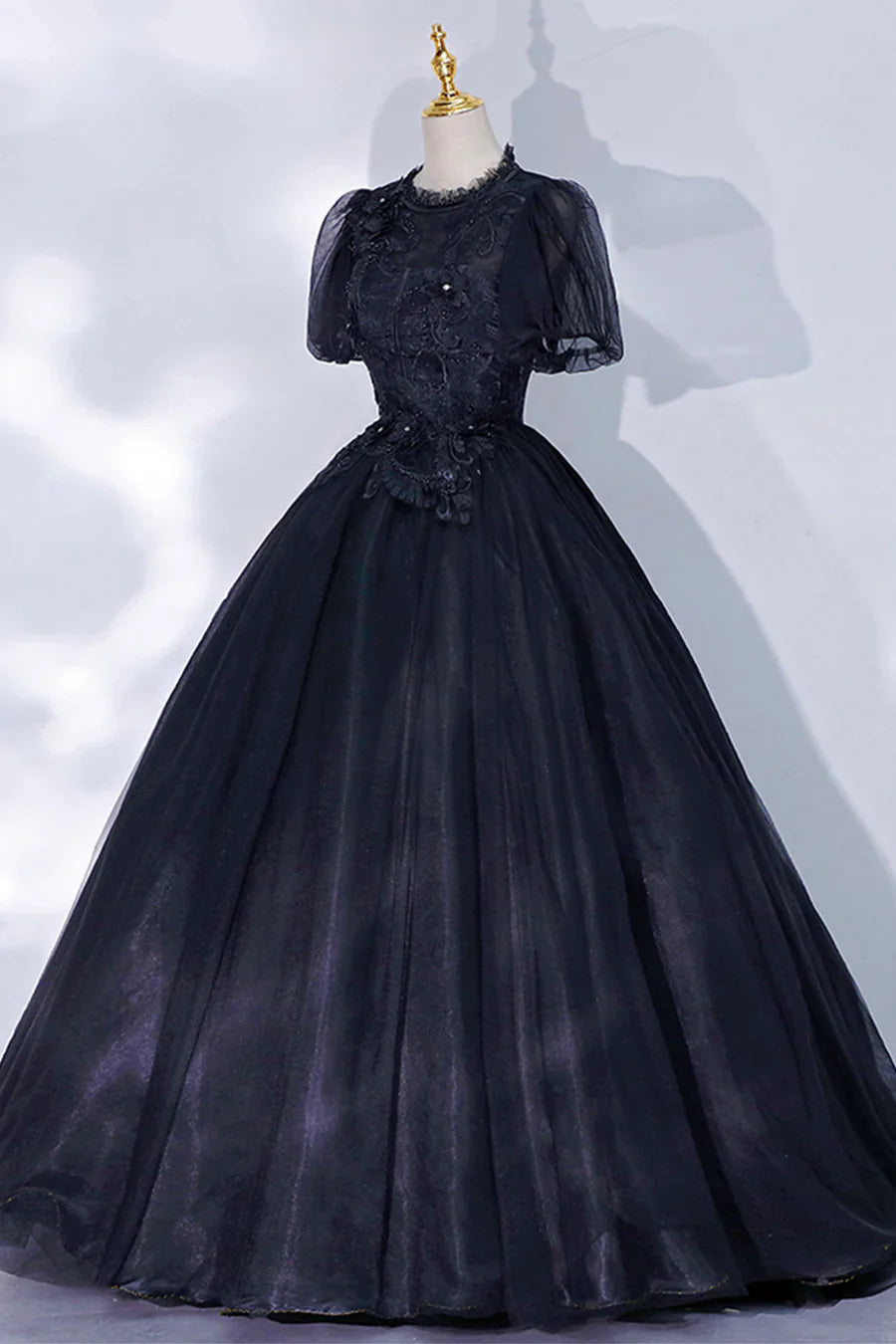 Black Tulle Lace Long A-Line Prom Dress, A-Line Short Sleeve Evening Gown TP498