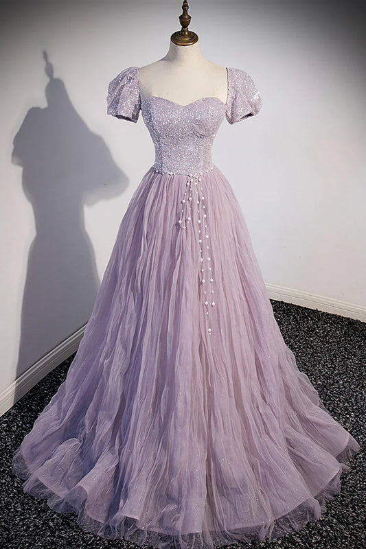 Vestido de fiesta morado de tul con lentejuelas, largo hasta el suelo, corte A, TP499