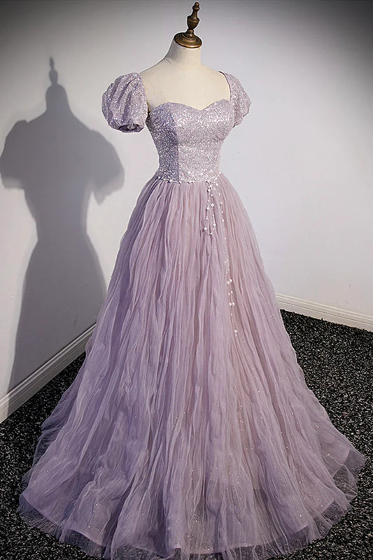 Vestido de fiesta morado de tul con lentejuelas, largo hasta el suelo, corte A, TP499