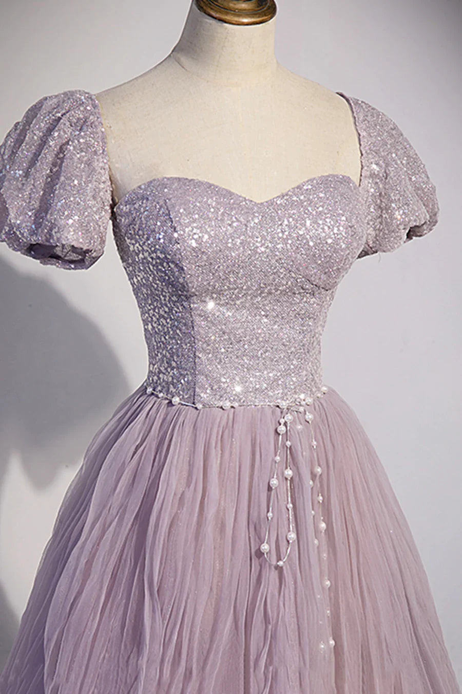 Vestido de fiesta morado de tul con lentejuelas, largo hasta el suelo, corte A, TP499