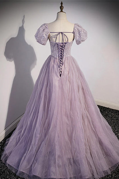 Vestido de fiesta morado de tul con lentejuelas, largo hasta el suelo, corte A, TP499