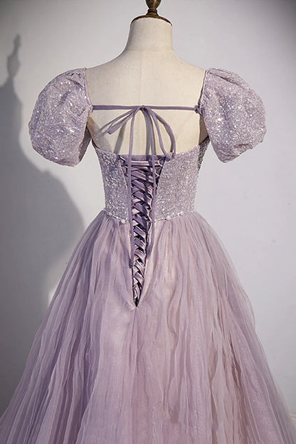 Vestido de fiesta morado de tul con lentejuelas, largo hasta el suelo, corte A, TP499
