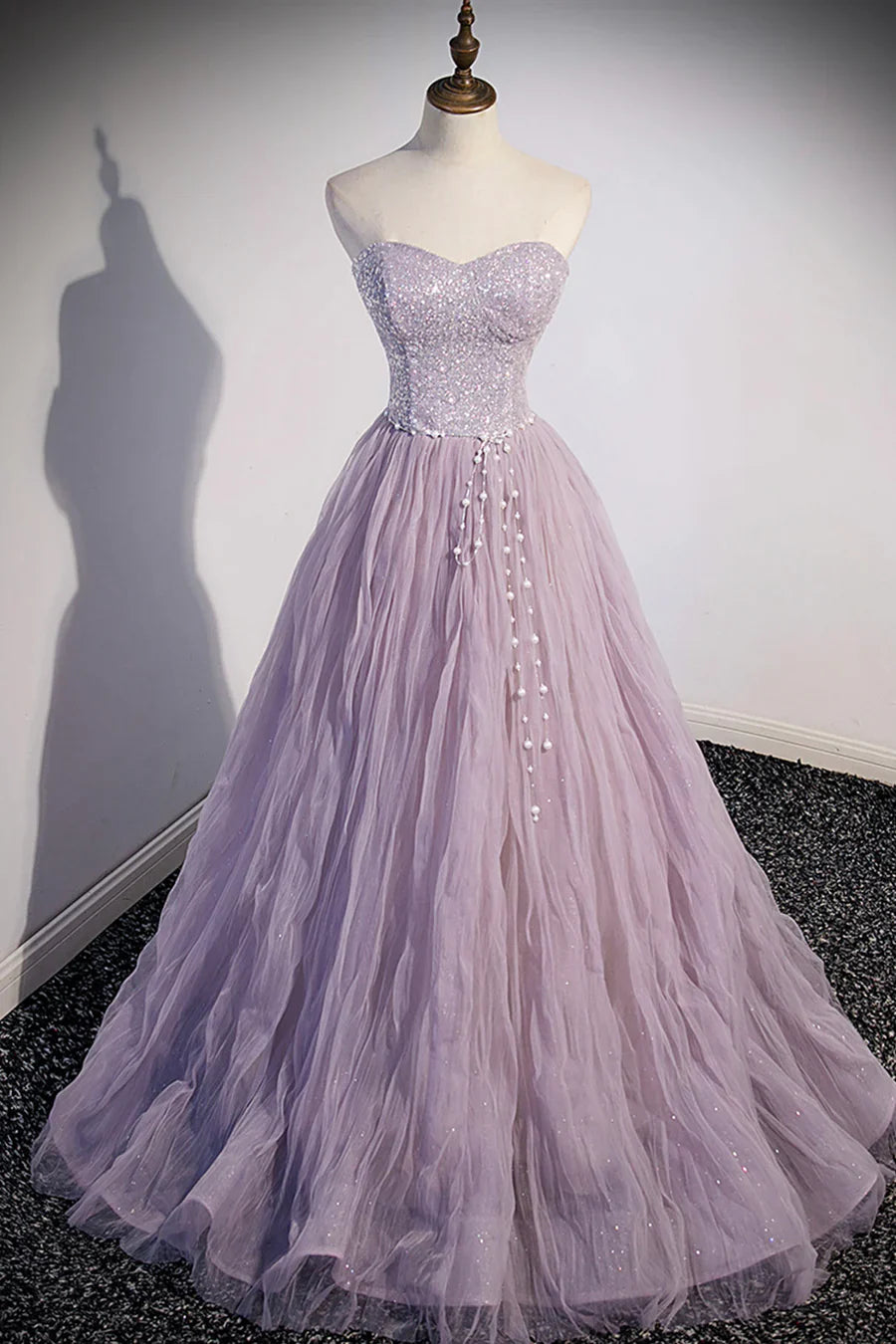 Vestido de fiesta morado de tul con lentejuelas, largo hasta el suelo, corte A, TP499