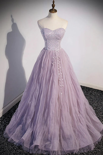 Vestido de fiesta morado de tul con lentejuelas, largo hasta el suelo, corte A, TP499