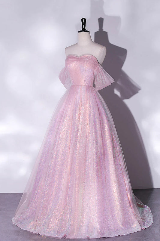 Vestido de fiesta largo de tul rosa con lentejuelas, corte A, vestido formal de graduación TP500