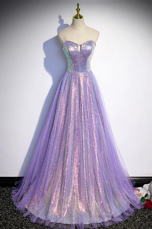 Vestido de fiesta morado sin tirantes con lentejuelas, largo hasta el suelo, corte A, TP508