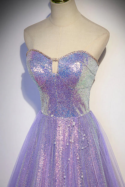 Vestido de fiesta morado sin tirantes con lentejuelas, largo hasta el suelo, corte A, TP508