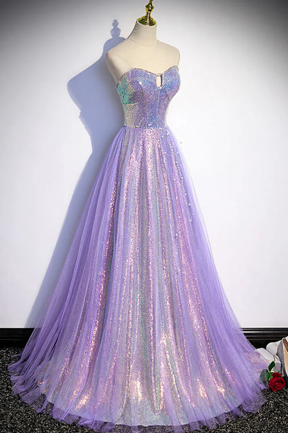 Vestido de fiesta morado sin tirantes con lentejuelas, largo hasta el suelo, corte A, TP508
