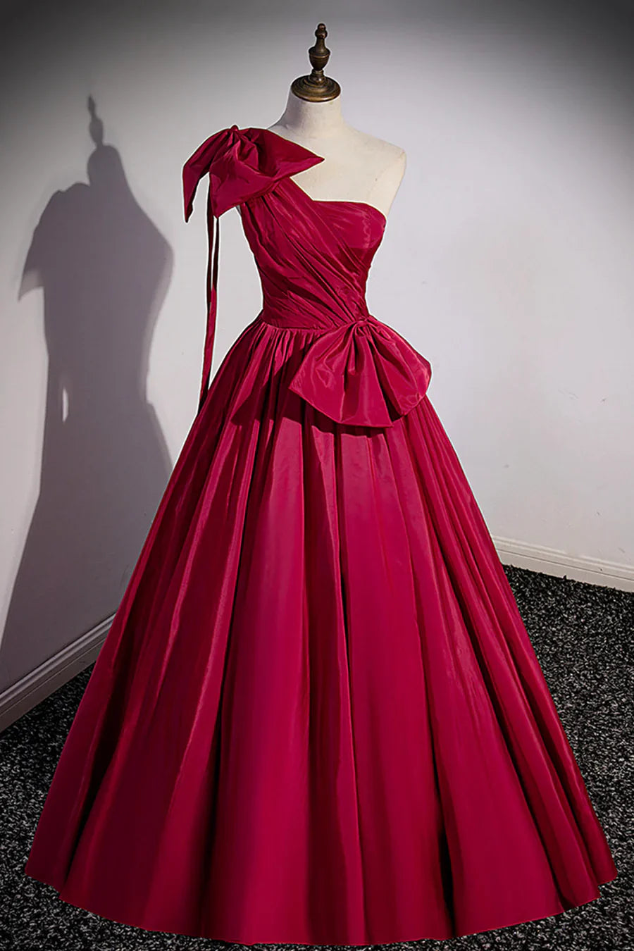 Burgundy Satin Long Prom Dress, One Shoulder Evening Dress with Bow TP509