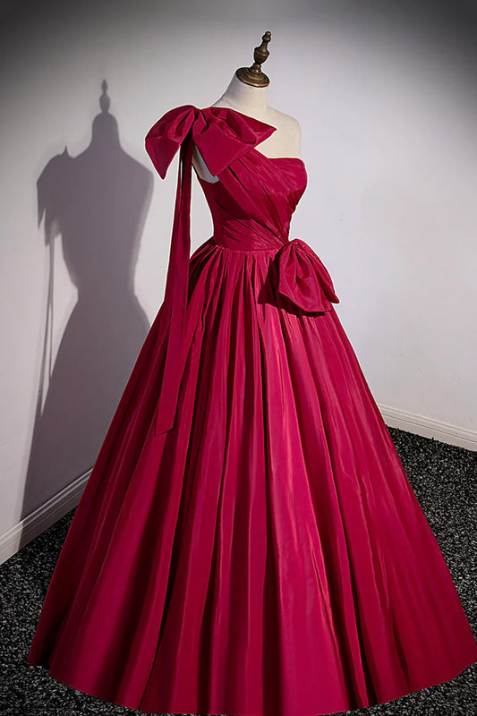 Vestido de fiesta largo de satén burdeos, vestido de noche de un solo hombro con lazo TP509