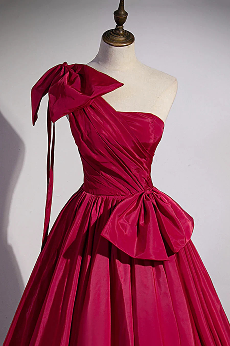 Burgundy Satin Long Prom Dress, One Shoulder Evening Dress with Bow TP509