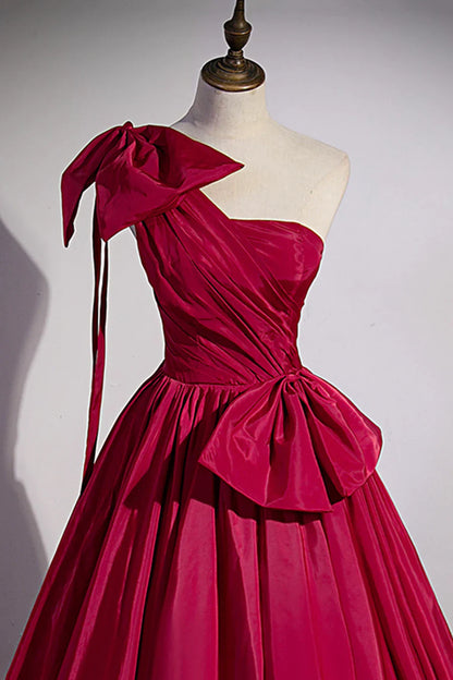 Burgundy Satin Long Prom Dress, One Shoulder Evening Dress with Bow TP509