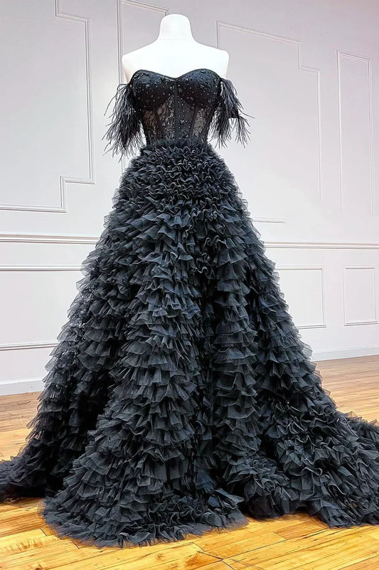 Vestido de noche largo de tul negro, corte A y hombros descubiertos TP510