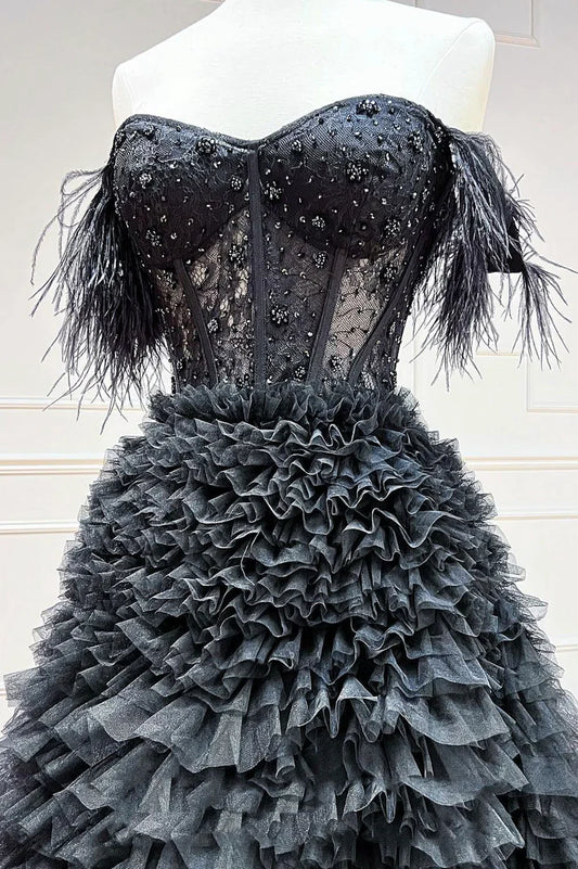 Vestido de noche largo de tul negro, corte A y hombros descubiertos TP510