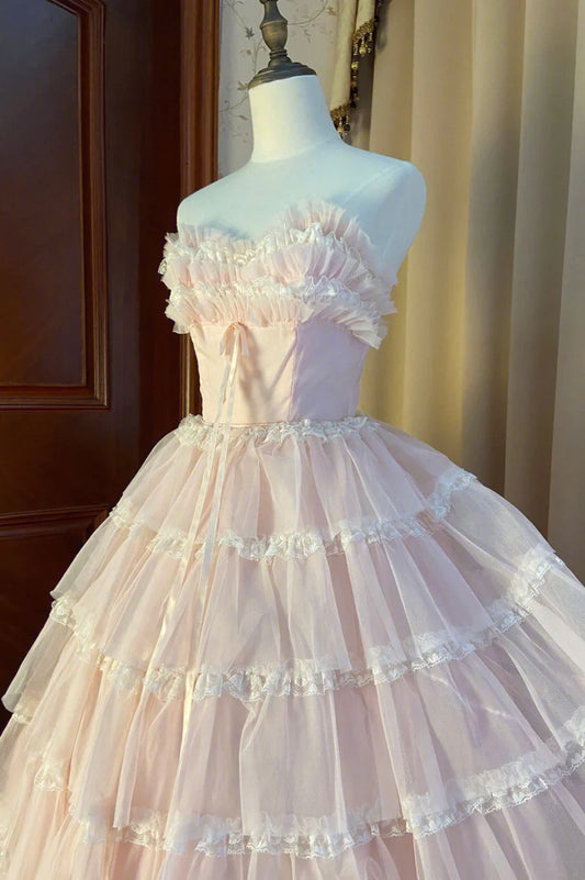Vestido de fiesta largo de tul rosa sin tirantes y capas, vestido de fiesta glamuroso, vestido formal TP511