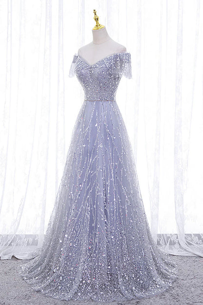 A-Line Tulle Sequins Long Prom Dress, Off the Shoulder Evening Party Dress TP514