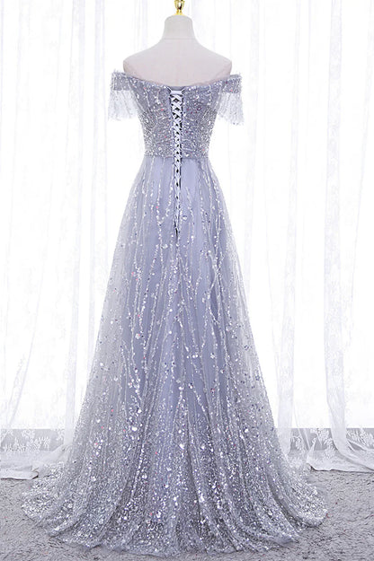 A-Line Tulle Sequins Long Prom Dress, Off the Shoulder Evening Party Dress TP514