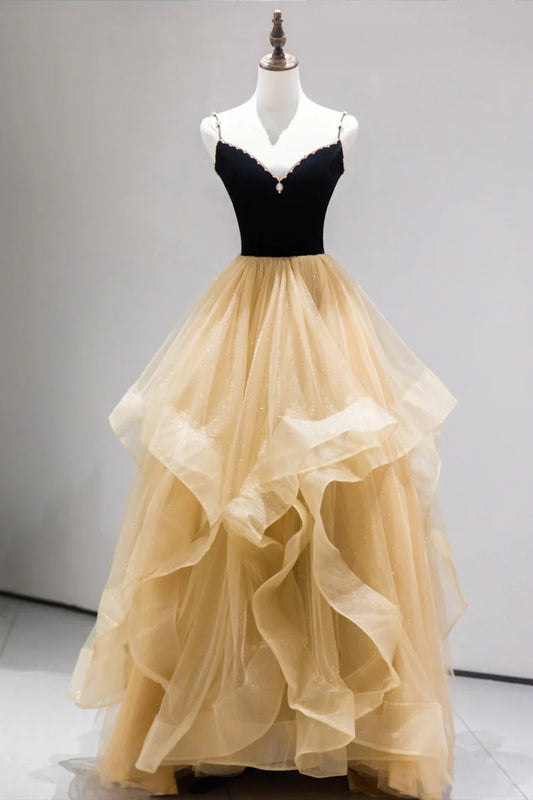 Black Straps V-Neck Layers Tulle Long Party Dresses, Glam Prom Dresses TP515