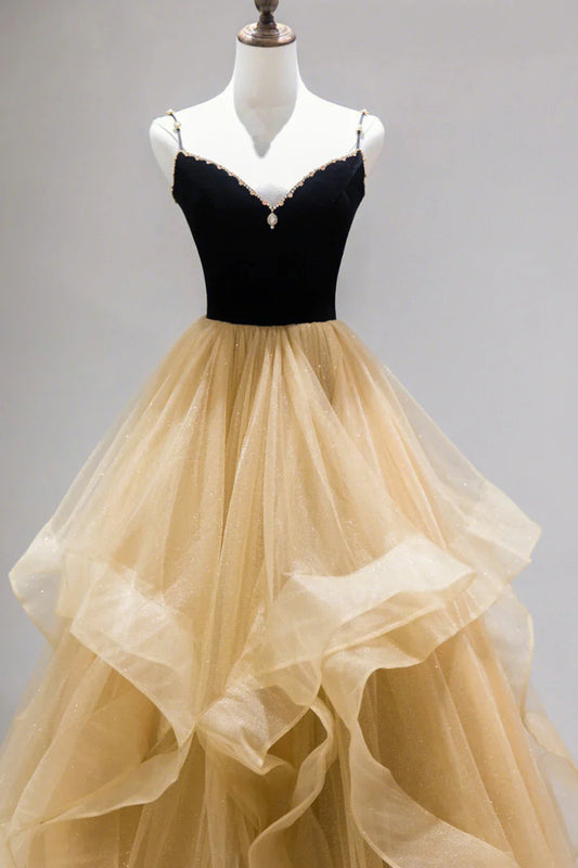 Black Straps V-Neck Layers Tulle Long Party Dresses, Glam Prom Dresses TP515