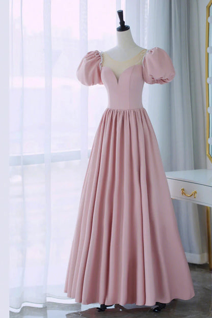 Vestido de fiesta largo de satén rosa, corte A, bonito vestido de noche de manga corta TP516