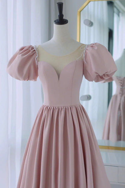 Vestido de fiesta largo de satén rosa, corte A, bonito vestido de noche de manga corta TP516