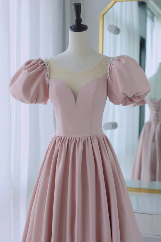 Vestido de fiesta largo de satén rosa, corte A, bonito vestido de noche de manga corta TP516