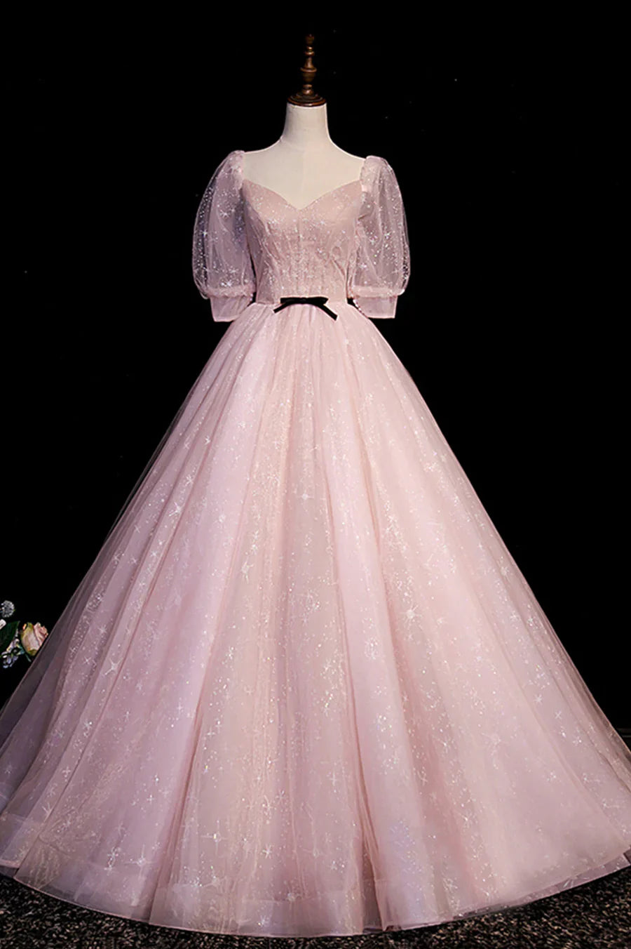 Vestido de fiesta largo de tul rosa con escote en V y mangas cortas en forma de A TP518