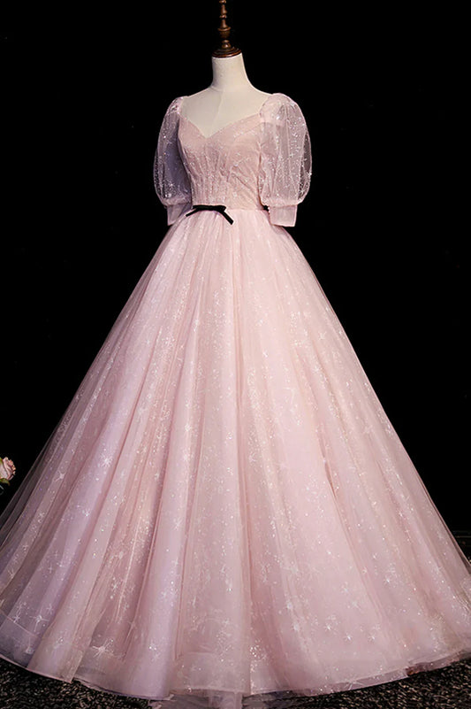 Vestido de fiesta largo de tul rosa con escote en V y mangas cortas en forma de A TP518