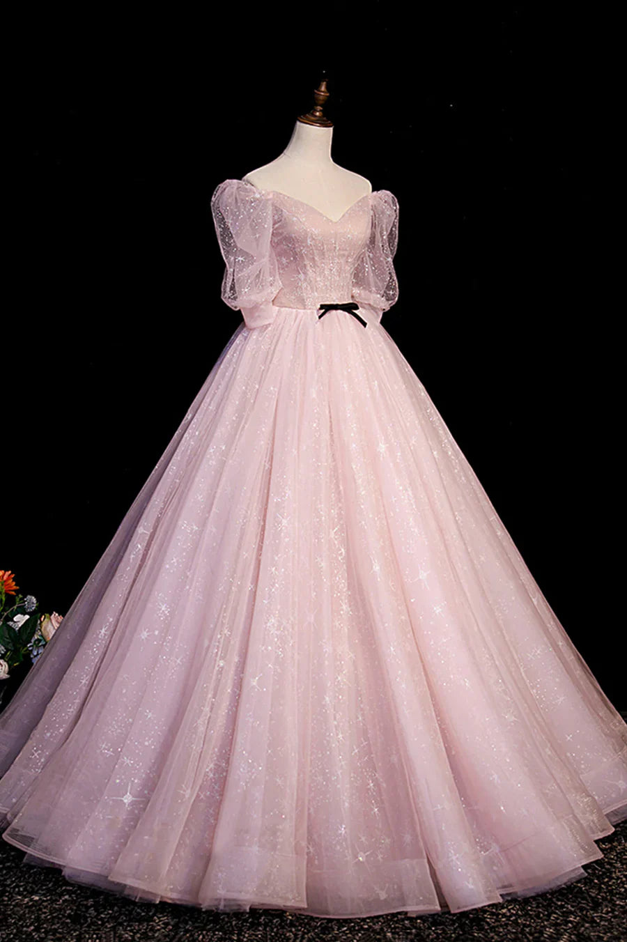 Vestido de fiesta largo de tul rosa con escote en V y mangas cortas en forma de A TP518