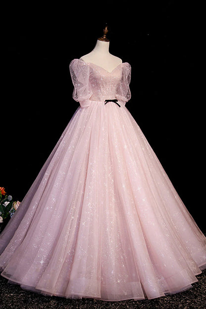 Vestido de fiesta largo de tul rosa con escote en V y mangas cortas en forma de A TP518