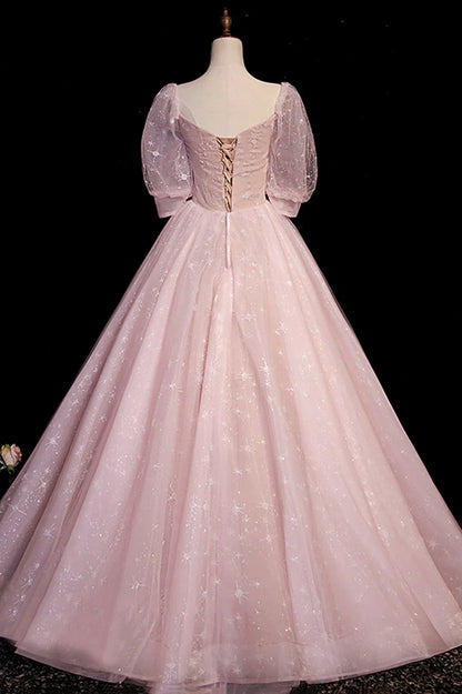 Vestido de fiesta largo de tul rosa con escote en V y mangas cortas en forma de A TP518