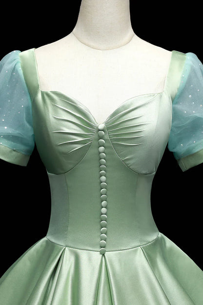 Green Satin Long A-Line Ball Gown, Green Short Sleeve Evening Gown TP519