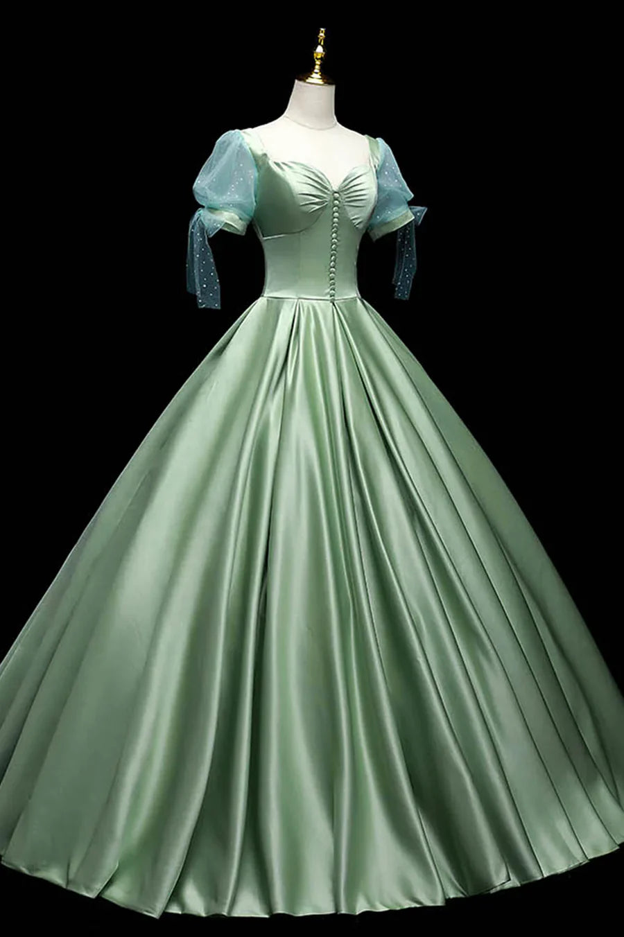 Green Satin Long A-Line Ball Gown, Green Short Sleeve Evening Gown TP519