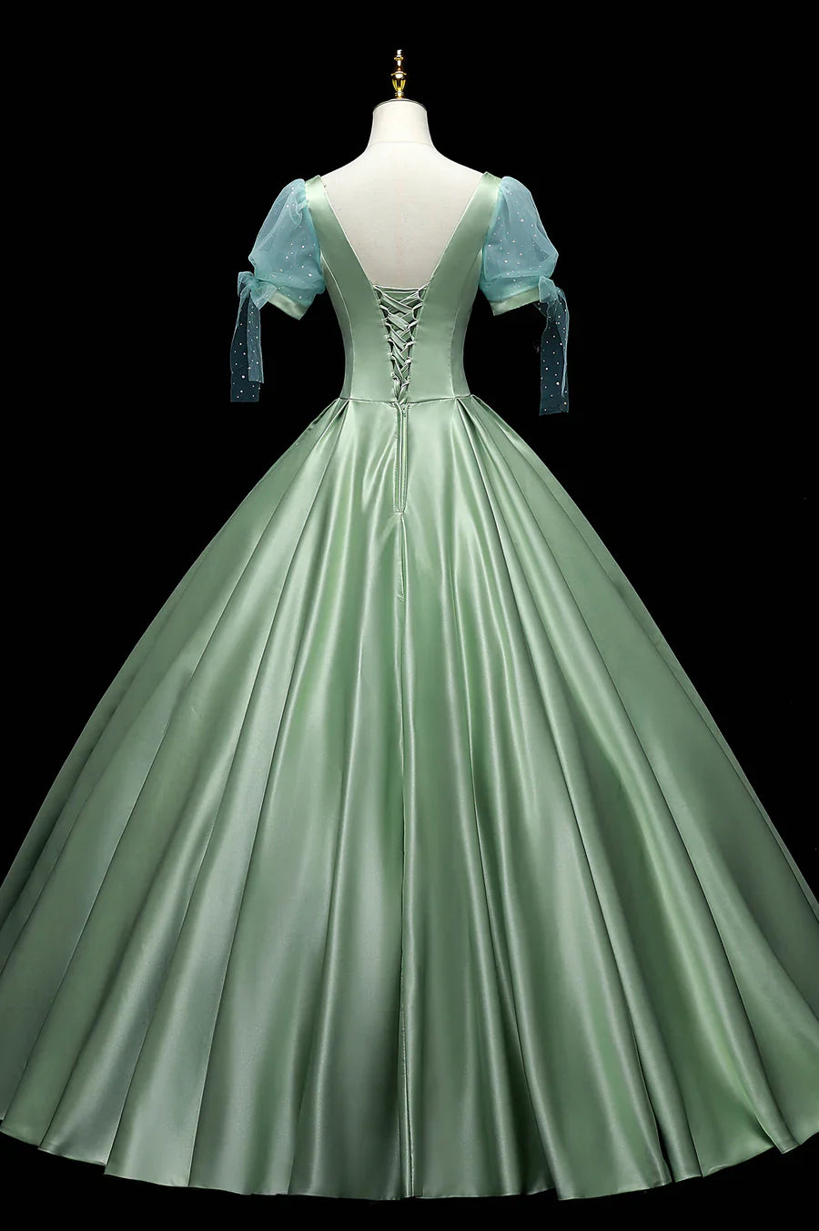 Green Satin Long A-Line Ball Gown, Green Short Sleeve Evening Gown TP519