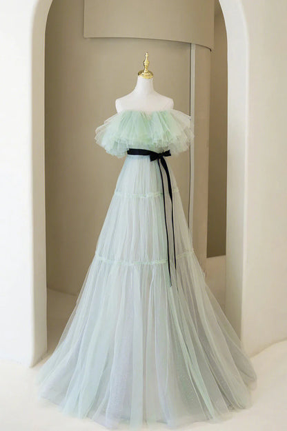 Green Tulle Floor Length Prom Dress, A-Line Off Shoulder Evening Dress TP520