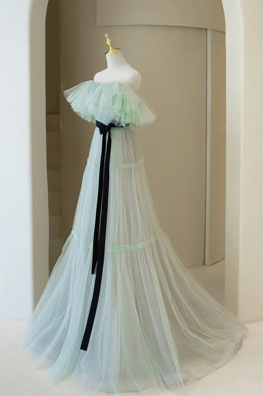 Green Tulle Floor Length Prom Dress, A-Line Off Shoulder Evening Dress TP520
