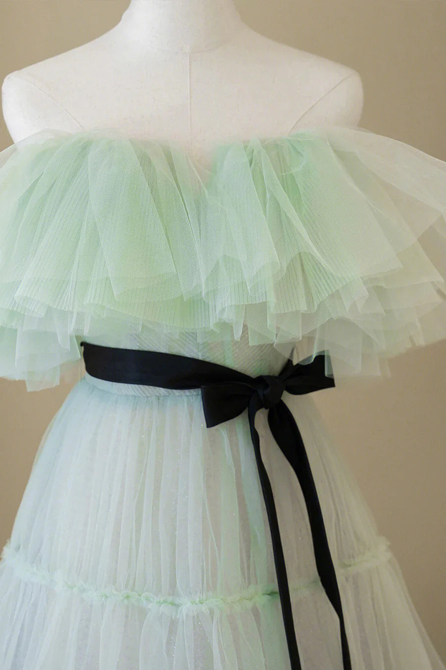Green Tulle Floor Length Prom Dress, A-Line Off Shoulder Evening Dress TP520