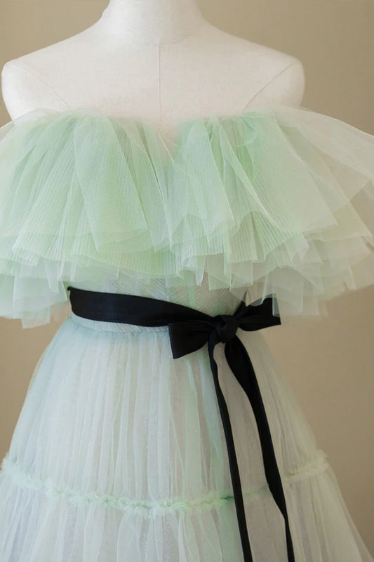 Green Tulle Floor Length Prom Dress, A-Line Off Shoulder Evening Dress TP520