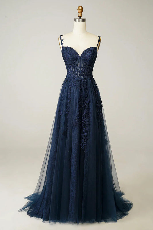Vestido de fiesta largo de tul y encaje azul marino, precioso vestido de noche con tirantes finos TP525