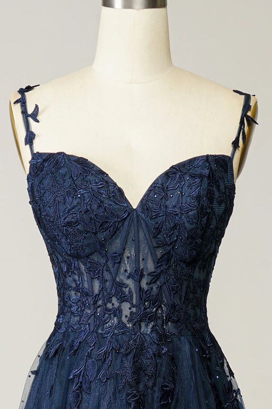 Vestido de fiesta largo de tul y encaje azul marino, precioso vestido de noche con tirantes finos TP525