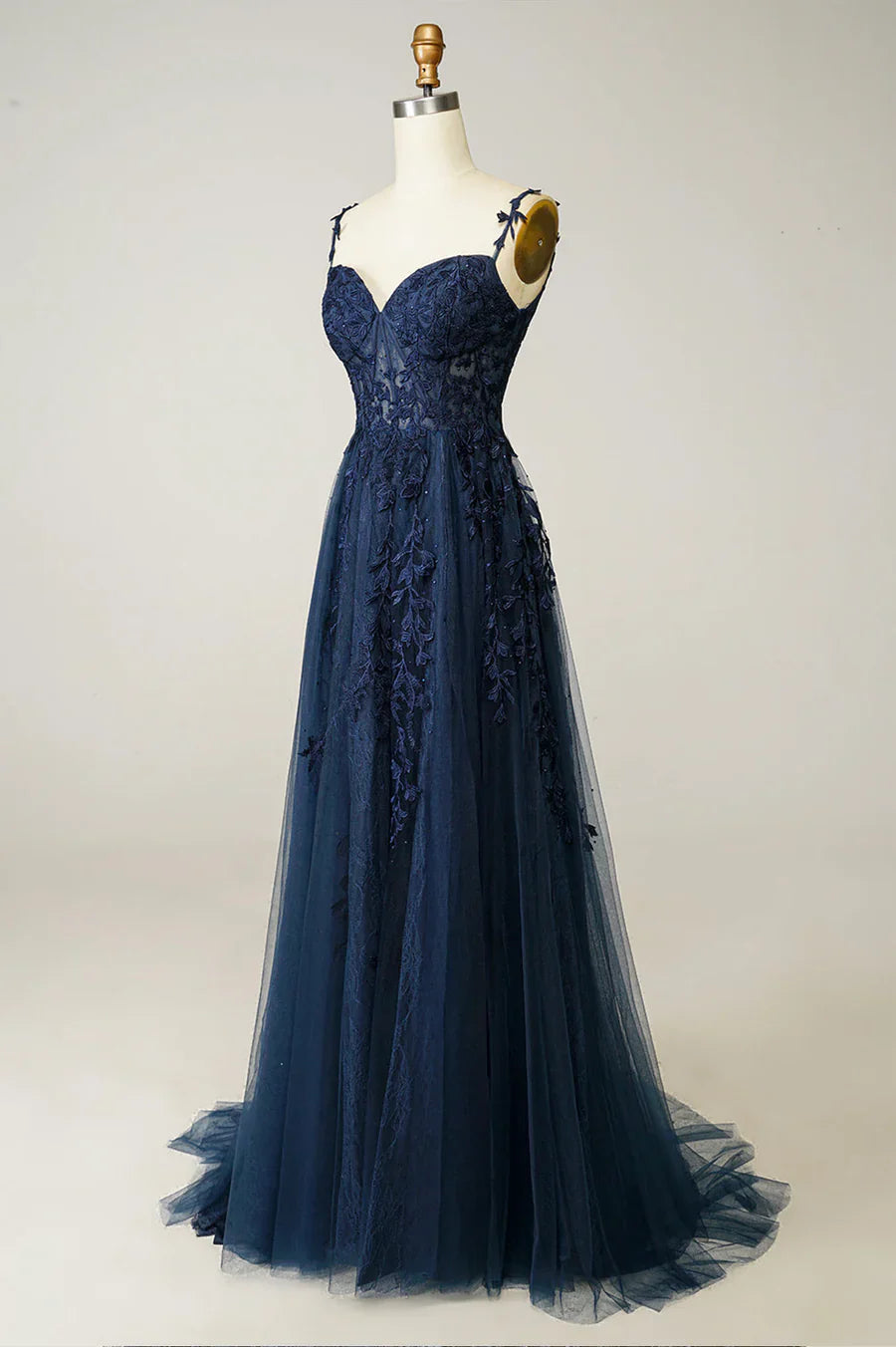 Vestido de fiesta largo de tul y encaje azul marino, precioso vestido de noche con tirantes finos TP525