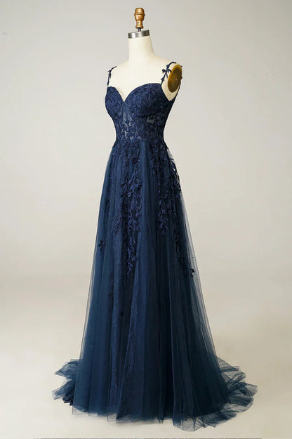 Vestido de fiesta largo de tul y encaje azul marino, precioso vestido de noche con tirantes finos TP525
