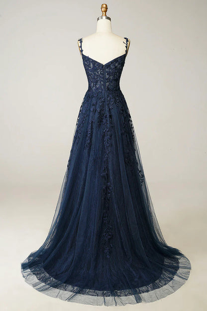 Vestido de fiesta largo de tul y encaje azul marino, precioso vestido de noche con tirantes finos TP525