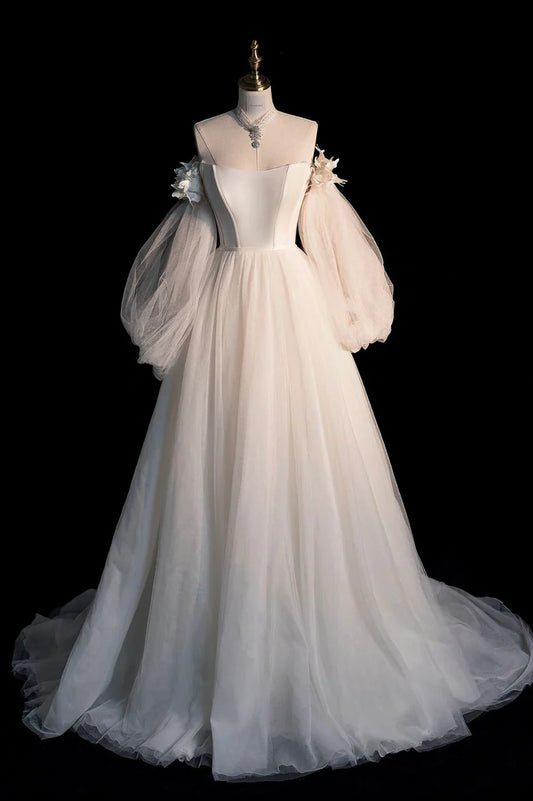 Champagne Tulle Long Sleeve Prom Dress, Off the Shoulder Evening Dress TP526