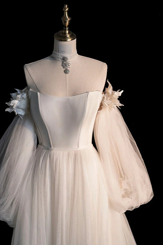 Champagne Tulle Long Sleeve Prom Dress, Off the Shoulder Evening Dress TP526