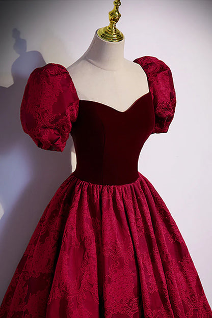 Vestido de fiesta largo de terciopelo burdeos, corte A, manga corta, TP528