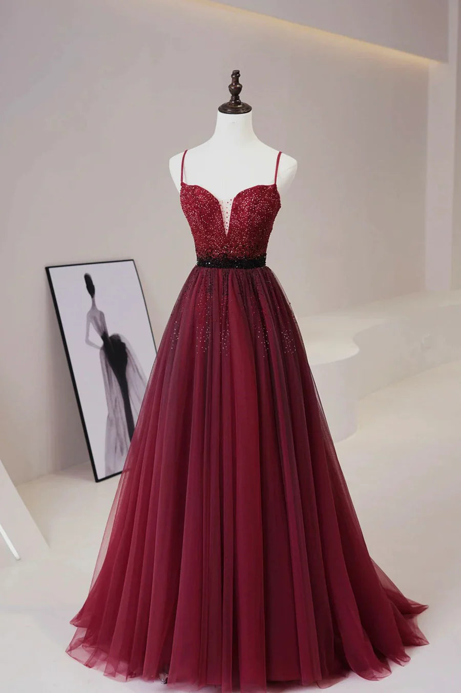 Vestido de fiesta largo de tul burdeos con cuentas, corte A, tirantes finos, TP533